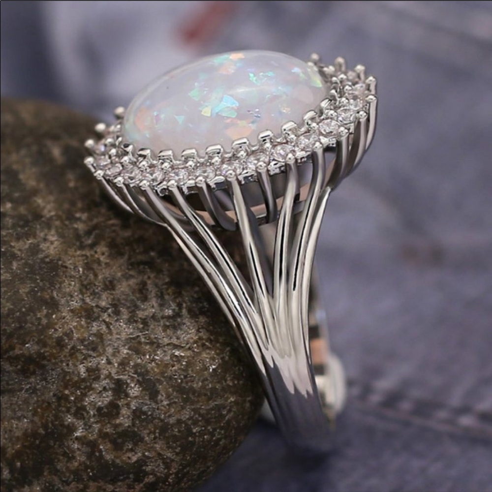 NEW HUGE OPAL DIAMOND HALO STERLING SILVER RING - Picture 4 of 7